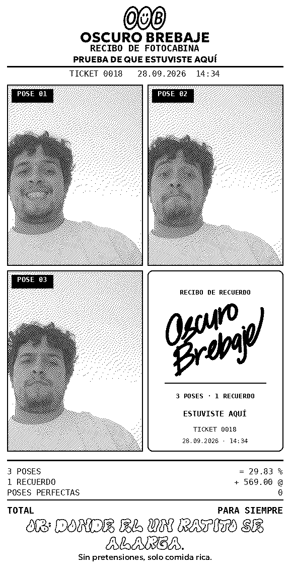 Ticket de prueba de Oscuro Brebaje con tres retratos en blanco y negro.